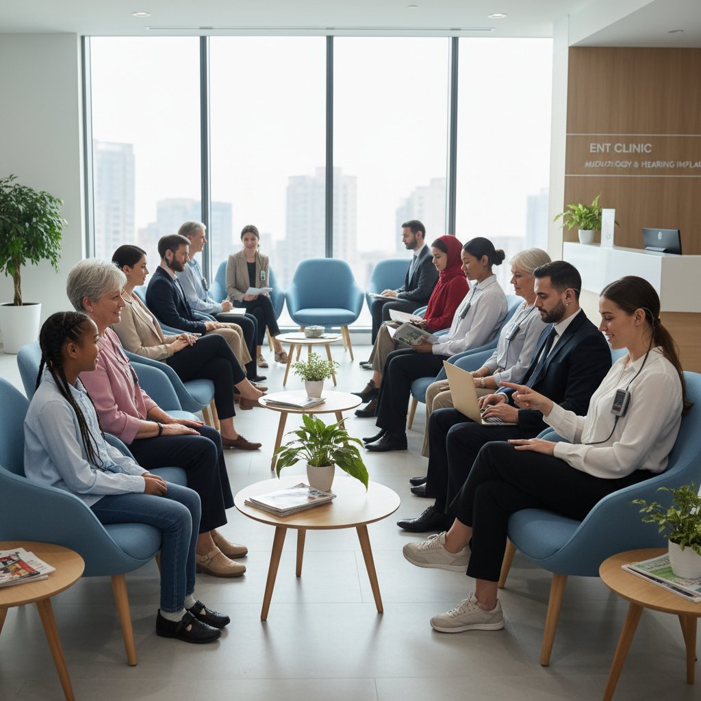 Grupa osób w różnym wieku czekających w szpitalnej poczekalni, temat: implant ślimakowy