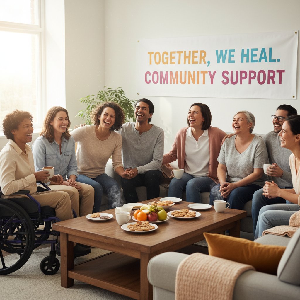 Grupa osób śmiejąca się podczas spotkania, wspólnota wsparcia, motyw przełamywania izolacji