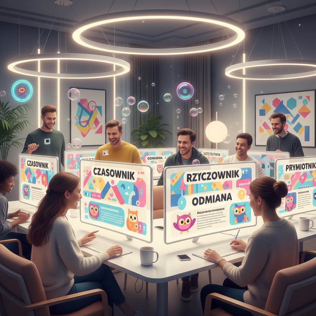 Grupa ludzi uczących się wspólnie gramatyki polskiej online, kolorowe ekrany, motywująca atmosfera, nowoczesny design