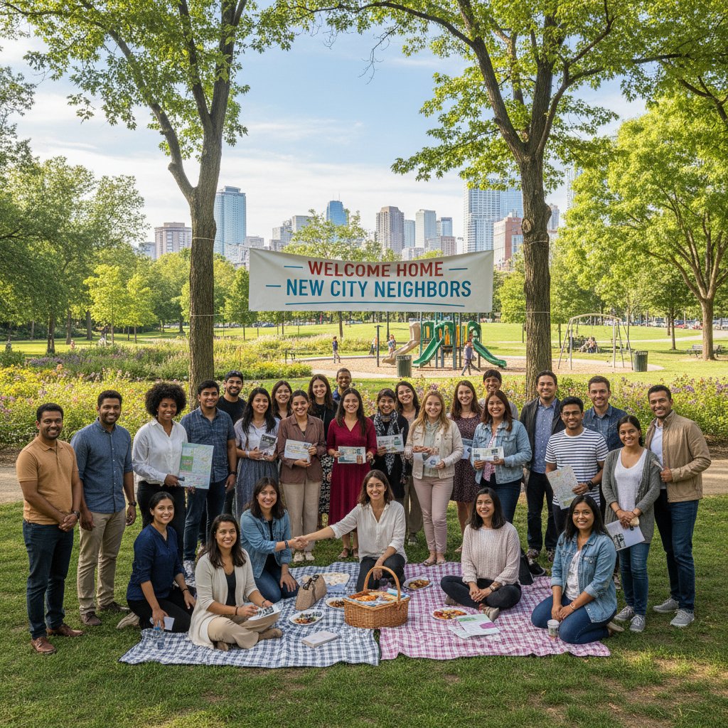 Grupa osób podczas lokalnego wydarzenia w parku, integracja w nowym miejscu