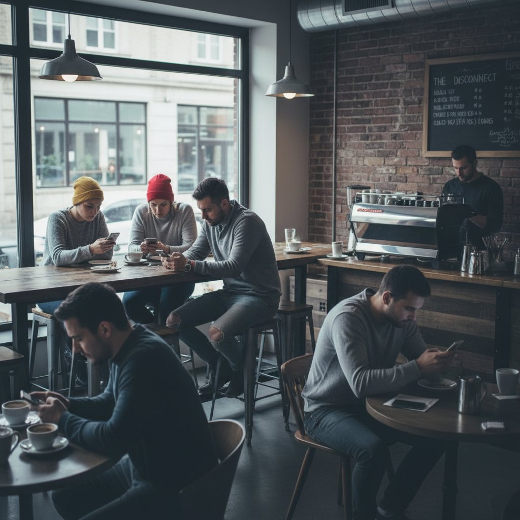 Grupa ludzi patrząca w swoje telefony, brak rozmowy, budowanie relacji offline