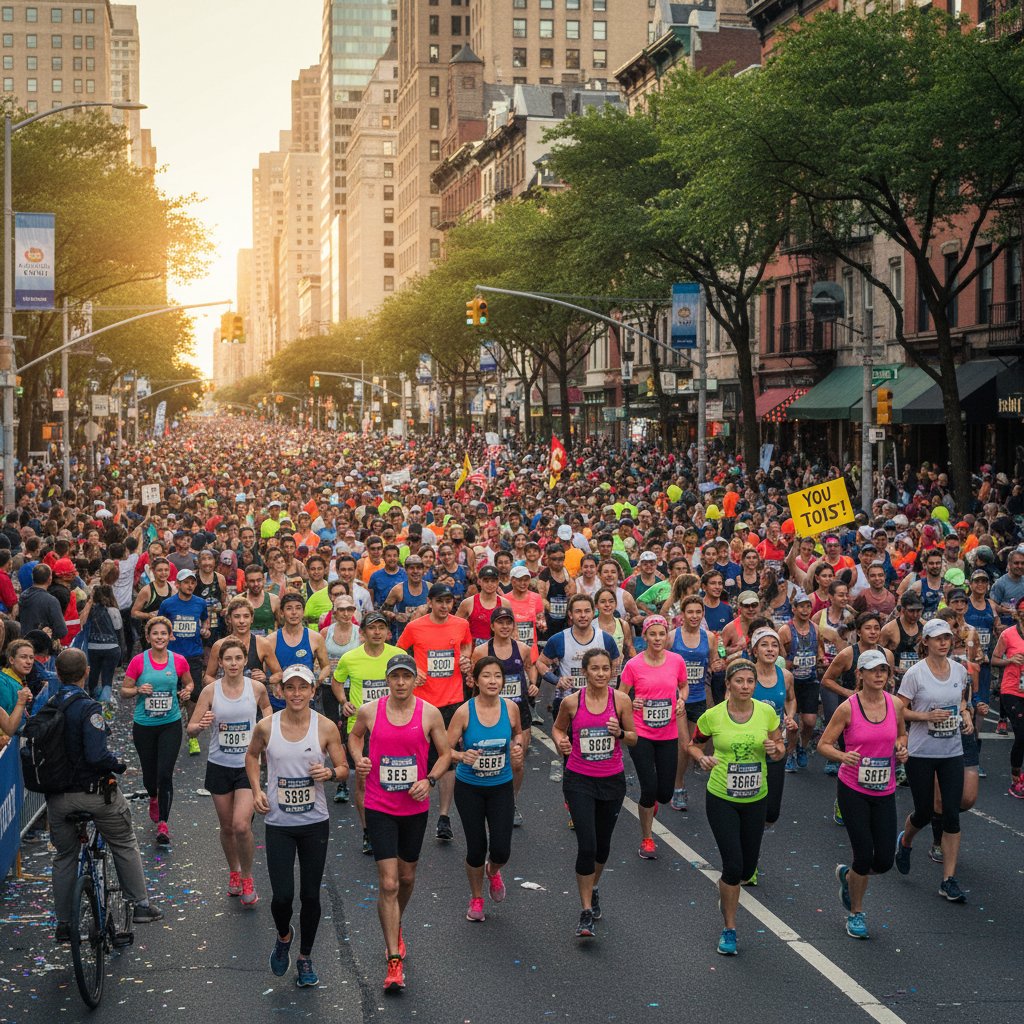 Grupa ludzi różnych narodowości na wspólnym biegu ulicznym, różne style, kolory, energia