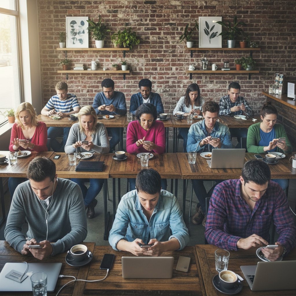 Grupa ludzi korzystających z różnych urządzeń mobilnych w kawiarni