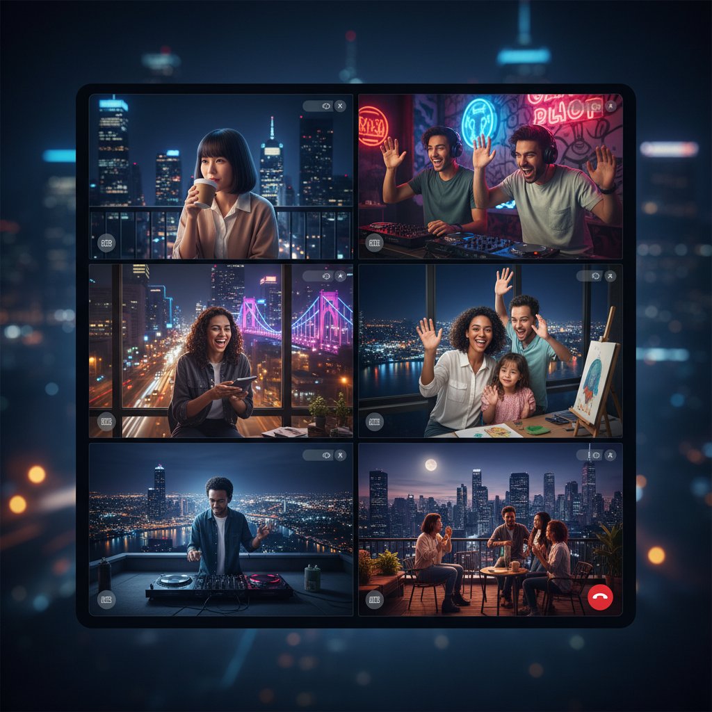 Grupa osób korzysta z wideoczatu w nocnym, miejskim otoczeniu
