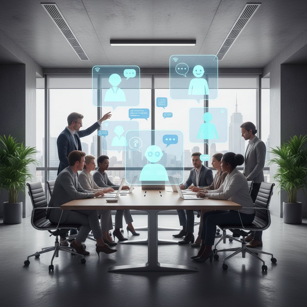 Grupa ludzi korzystających z różnych chatbotów AI w biurze