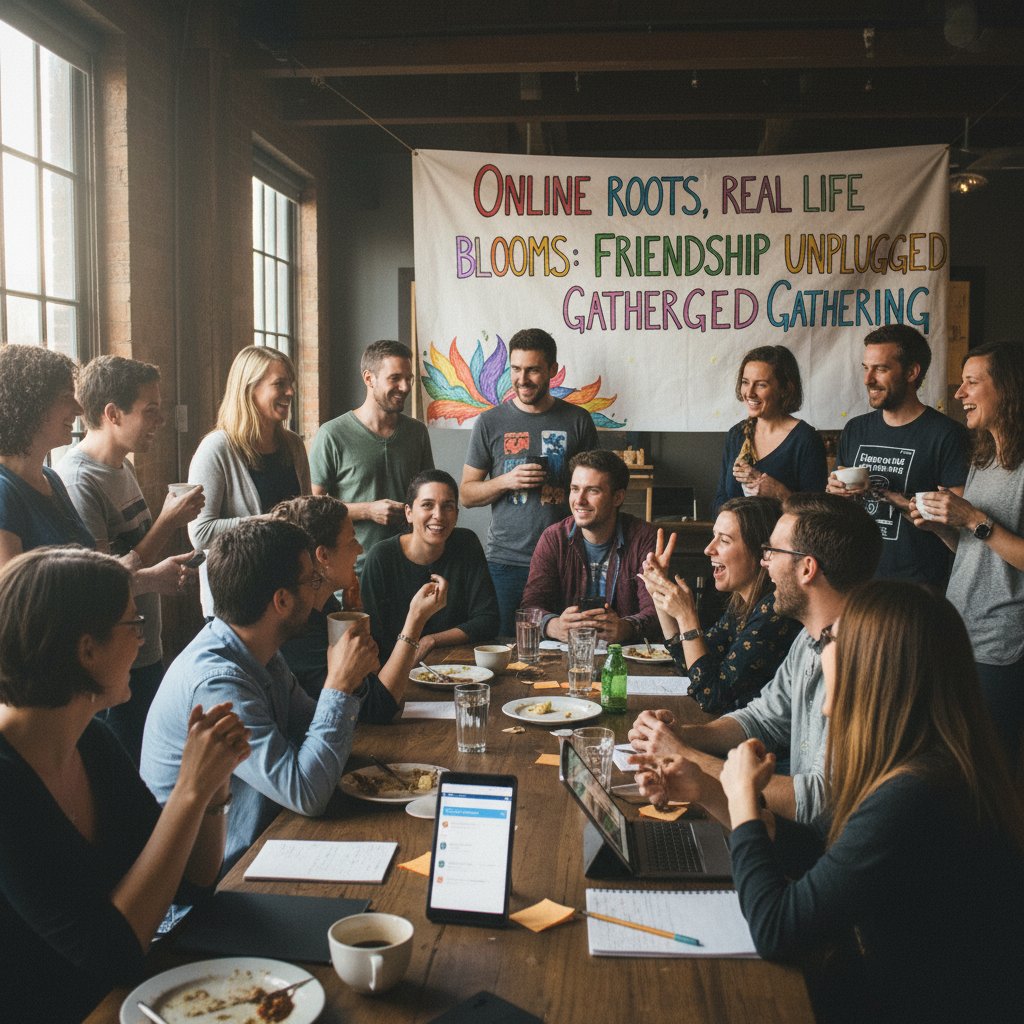Grupa osób spotykających się offline po znajomości online, relacje przeniesione do rzeczywistości