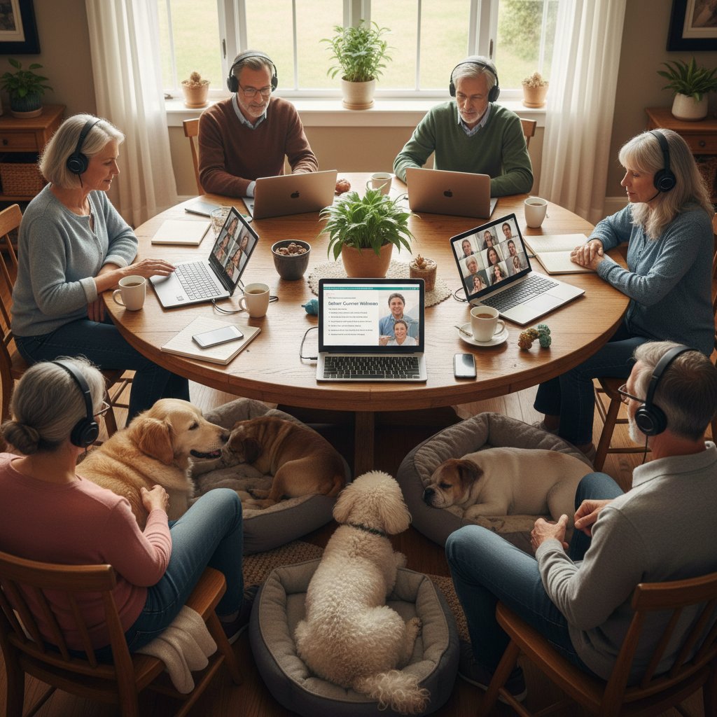 Grupa ludzi rozmawiająca online na temat opieki nad starymi psami, społeczność wsparcia