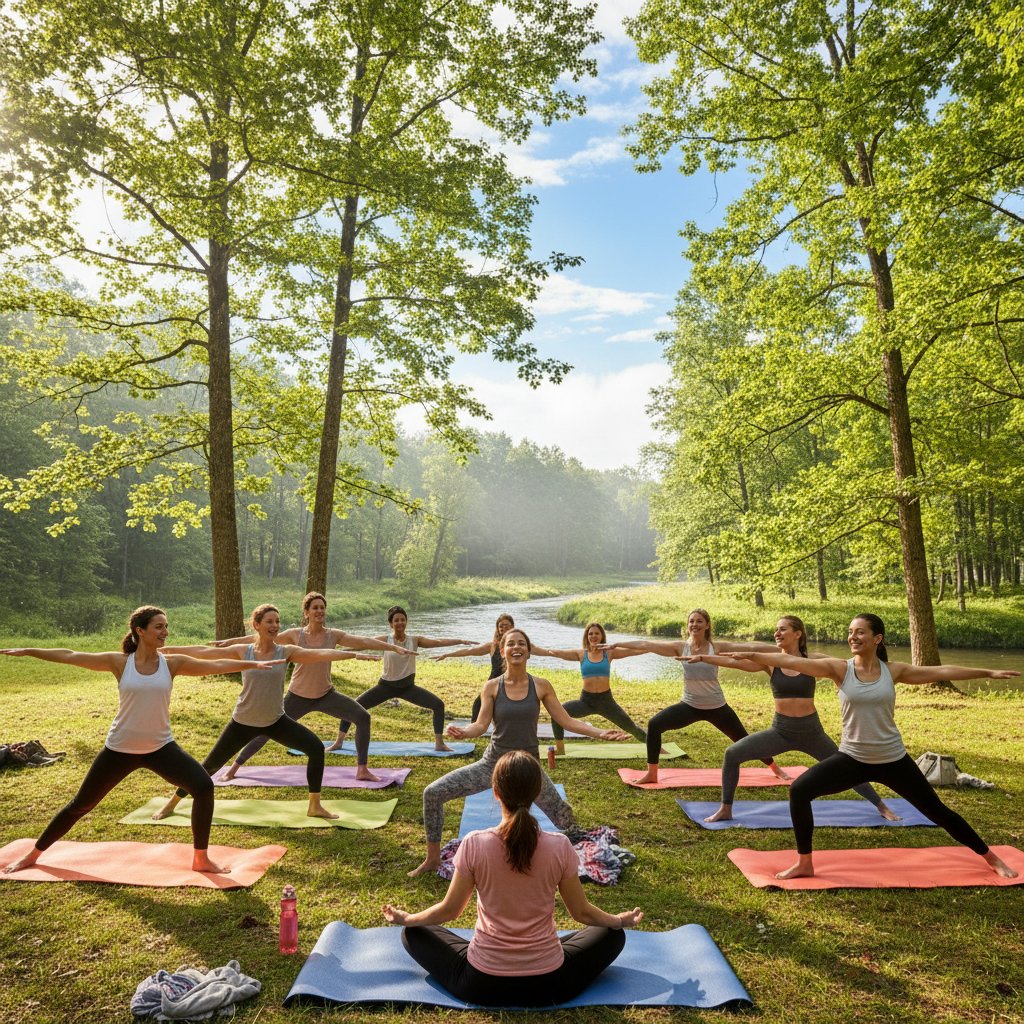 Grupa ludzi na świeżym powietrzu, wspólna aktywność anty-stresowa