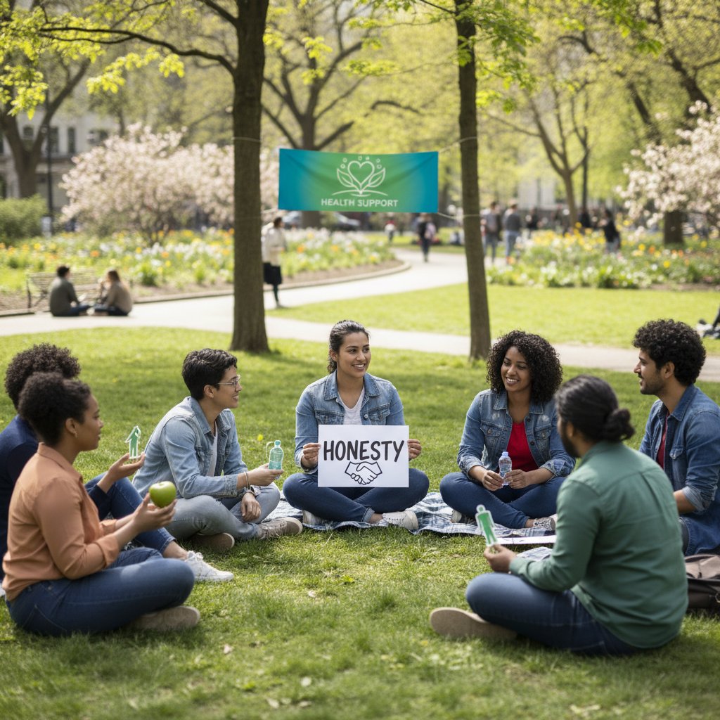 Grupa ludzi rozmawiająca w parku, szczerość i wsparcie w rozmowach o zdrowiu