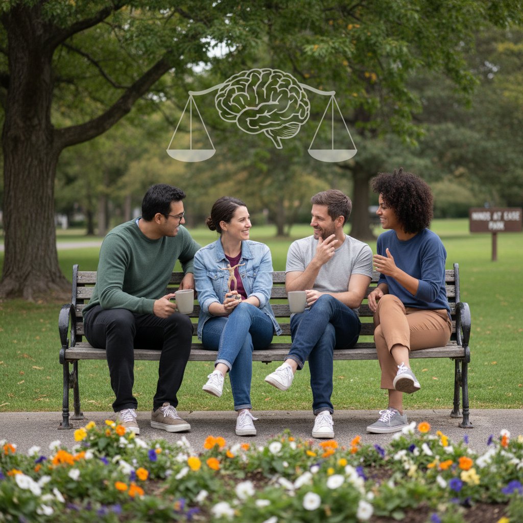 Grupa ludzi w różnym wieku siedząca na ławce, rozmawiająca i śmiejąca się, symbol równowagi psychicznej i zdrowej kontroli