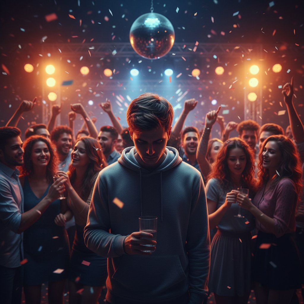 Grupa ludzi na imprezie, ale jedna osoba wyraźnie wyobcowana i smutna – obraz samotności w tłumie
