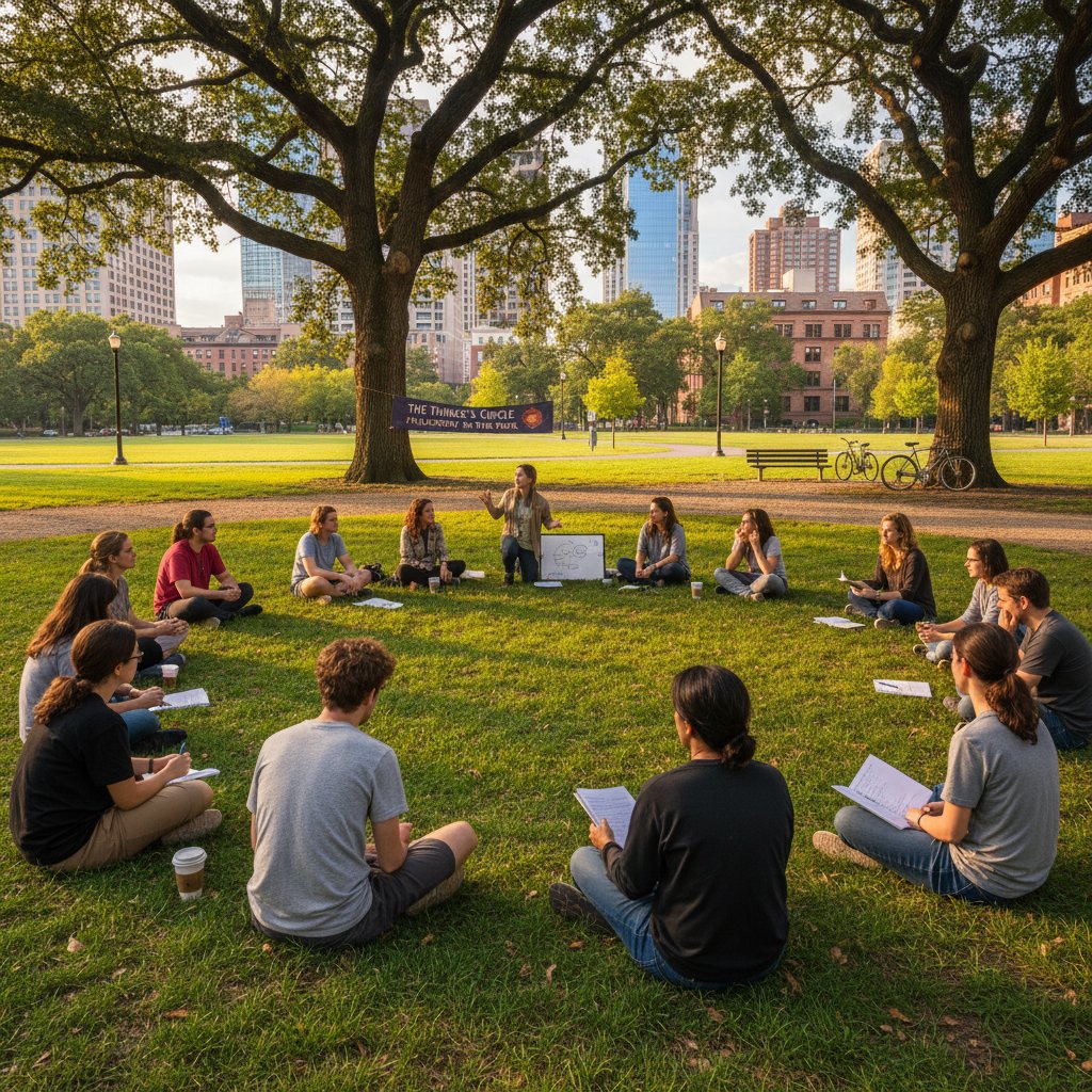 Grupa osób siedzi w kręgu podczas plenerowego spotkania filozoficznego w parku
