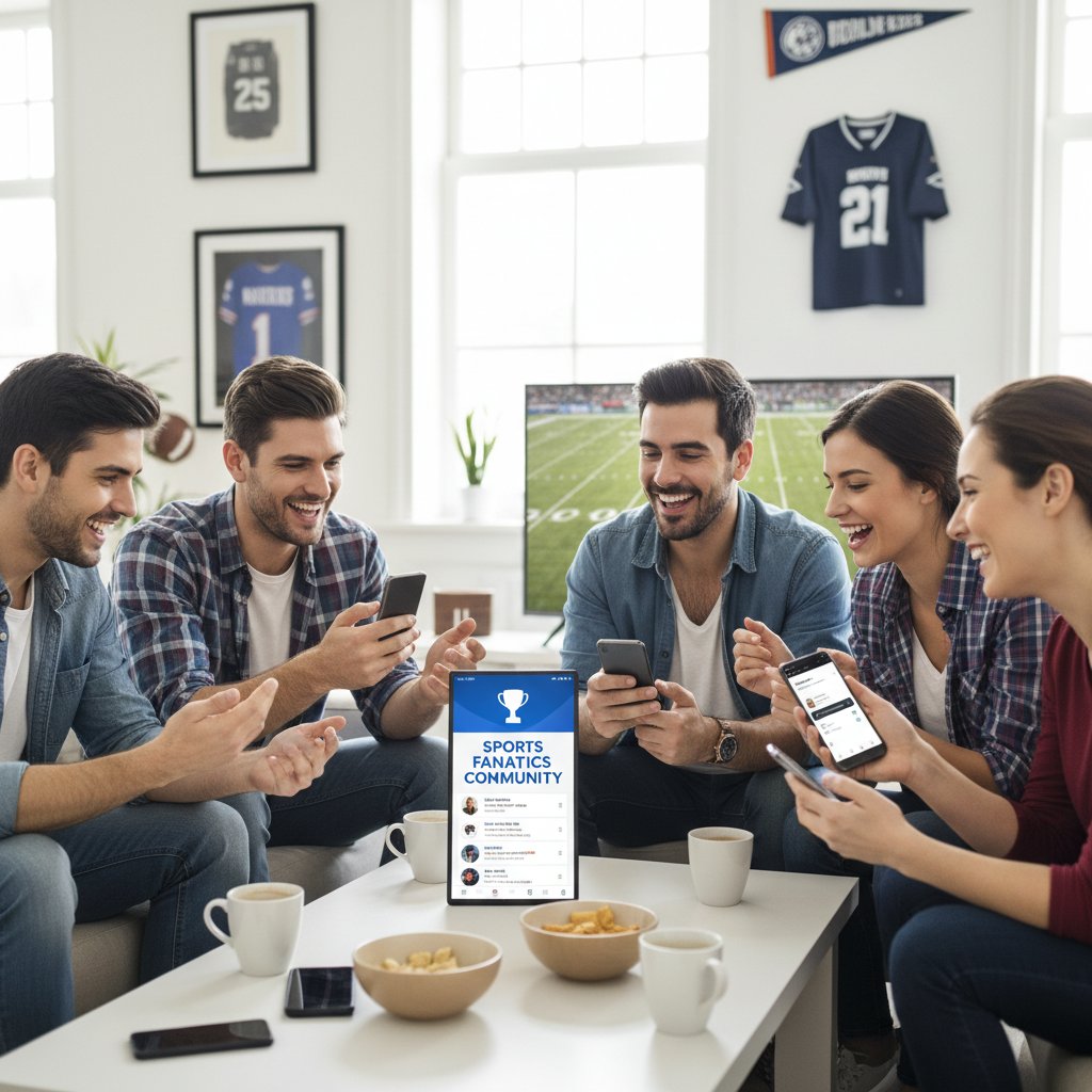 Grupa ludzi trzymających telefony, uśmiechnięci, zaangażowani w wspólną dyskusję o sporcie online