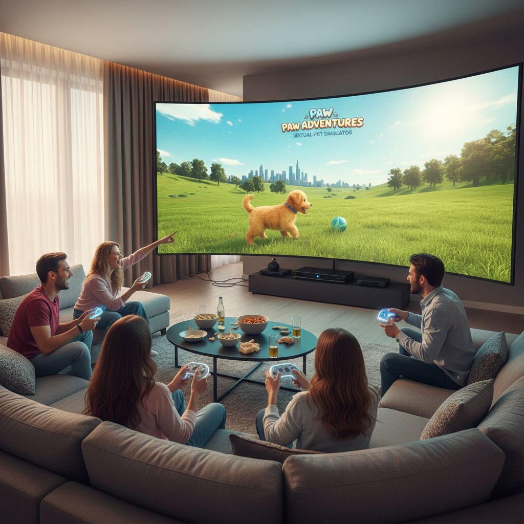 Grupa ludzi różnych pokoleń grających wspólnie w symulator psa na dużym ekranie