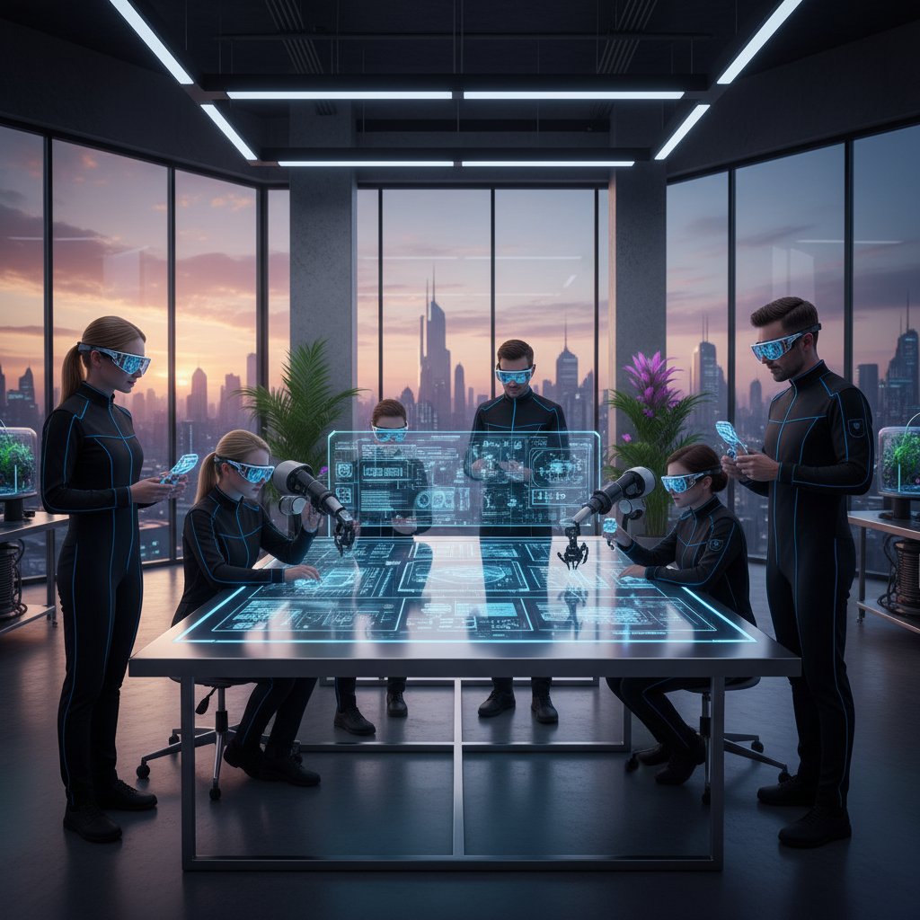 Ludzie w okularach ochronnych w nowoczesnym biurze, symbolizujący profilaktykę zapalenia tęczówki