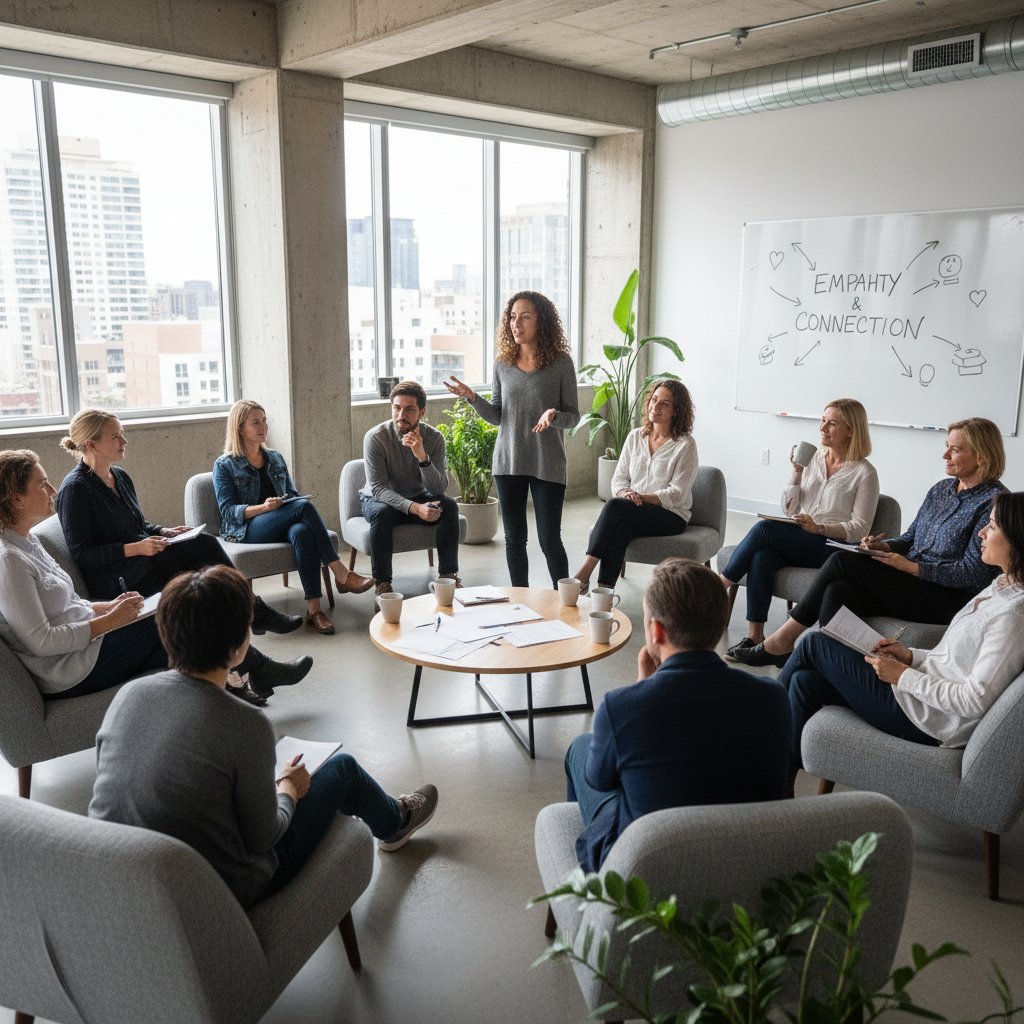 Grupa osób podczas warsztatów psychologicznych, nowoczesna sala, otwarta dyskusja