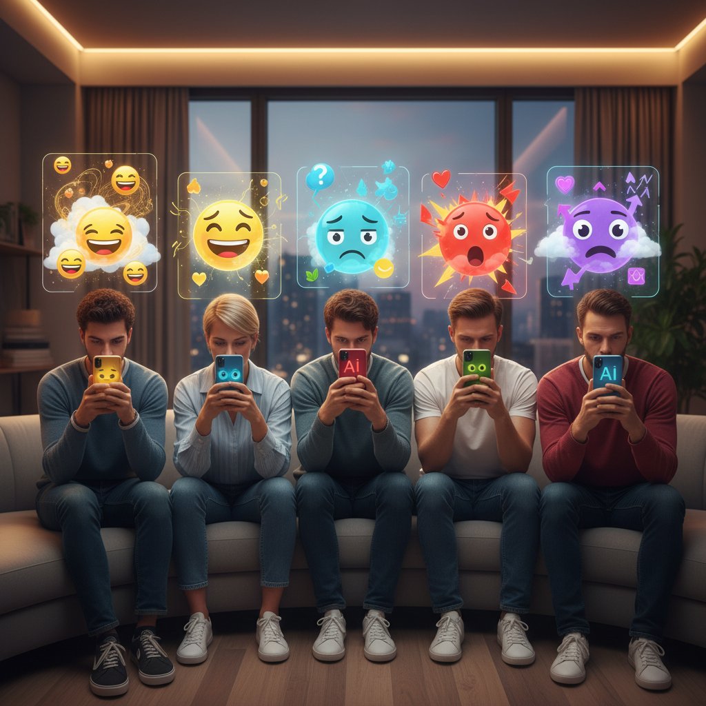 Grupa ludzi komunikujących się przez smartfony, na ekranach widoczne emocjonalne reakcje AI