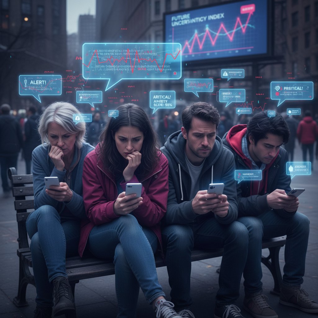 Grupa ludzi wpatrzona w ekrany smartfonów, na których wyświetlają się niepokojące komunikaty AI