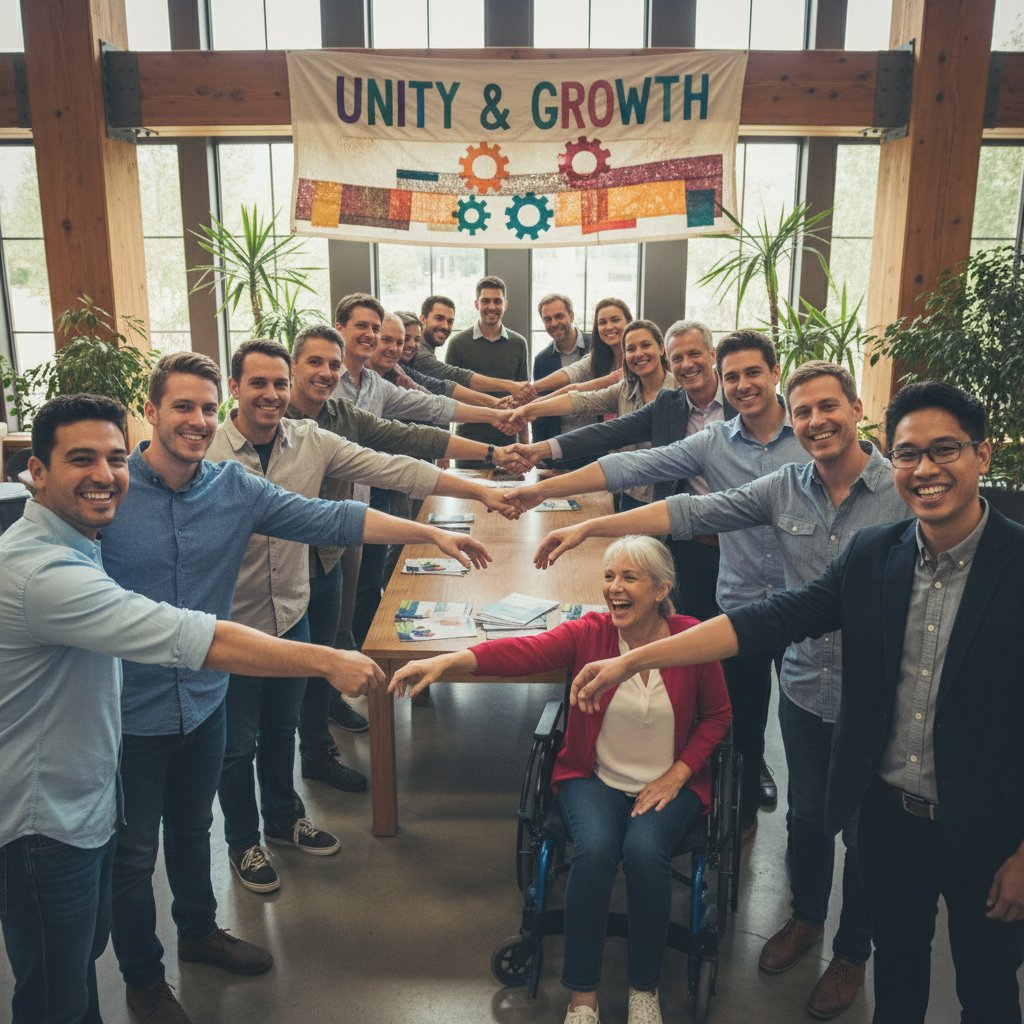 Grupa różnych osób, uśmiechnięci, uścisk dłoni, poczucie wspólnoty