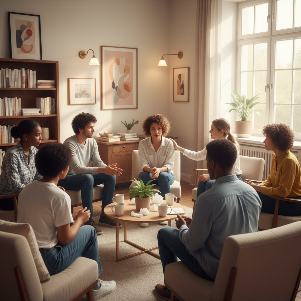 Grupa osób siedzących razem w kręgu, rozmowa wspierająca – wsparcie społeczne i psychologiczne