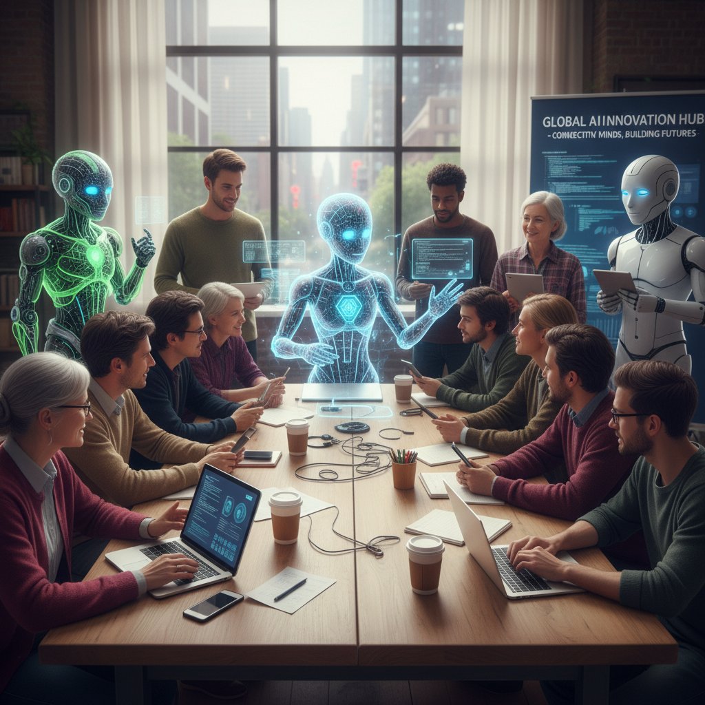 Zdjęcie grupy ludzi rozmawiających przy stole z wyświetlonym AI bohaterem — społeczność wokół AI postaci