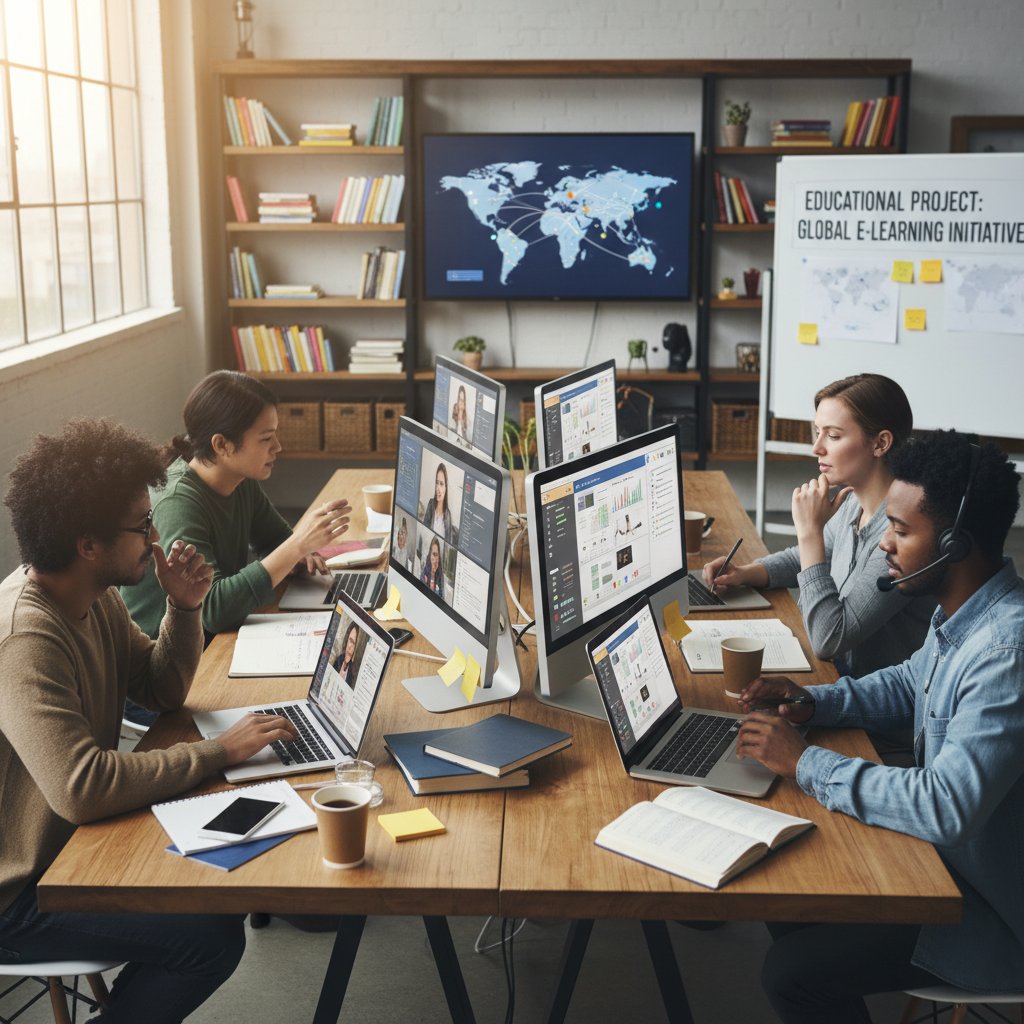Grupa ludzi przy stole pracująca wspólnie online nad projektem edukacyjnym