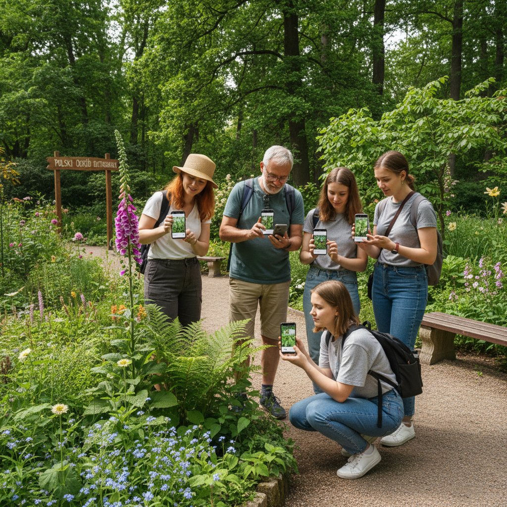 Grupa ludzi testująca różne aplikacje do identyfikacji roślin w polskim ogrodzie