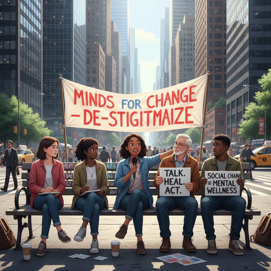 Grupa ludzi na ławce miejskiej, rozmawiająca o zdrowiu psychicznym – symbol zmiany społecznej