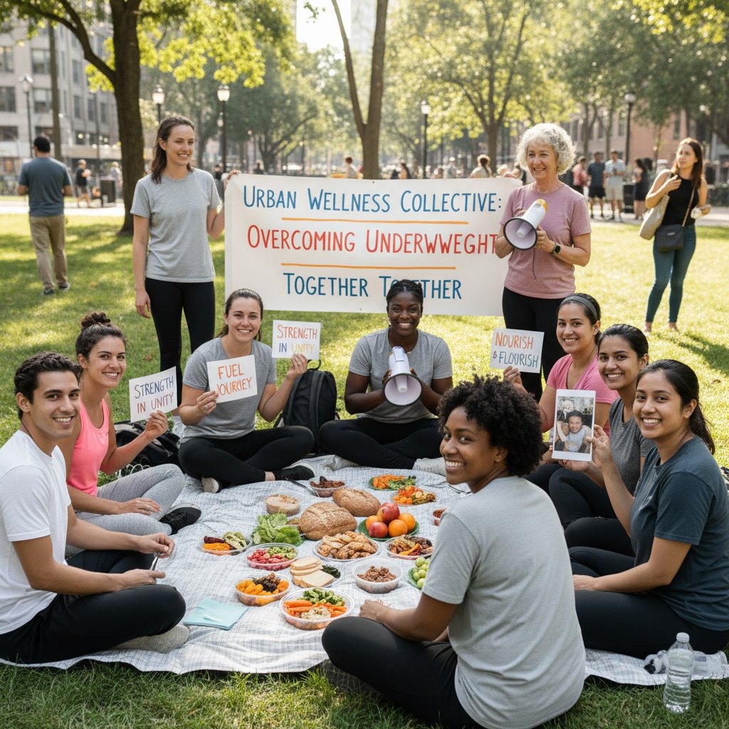 Grupa osób trzymających się za ręce w miejskim parku, symbolizująca wsparcie społeczne w walce z niedowagą