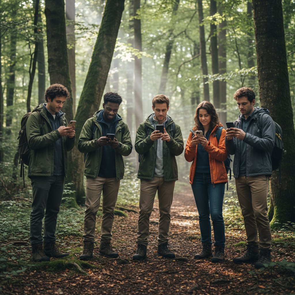 Grupa ludzi rozpoznająca rośliny za pomocą smartfonów