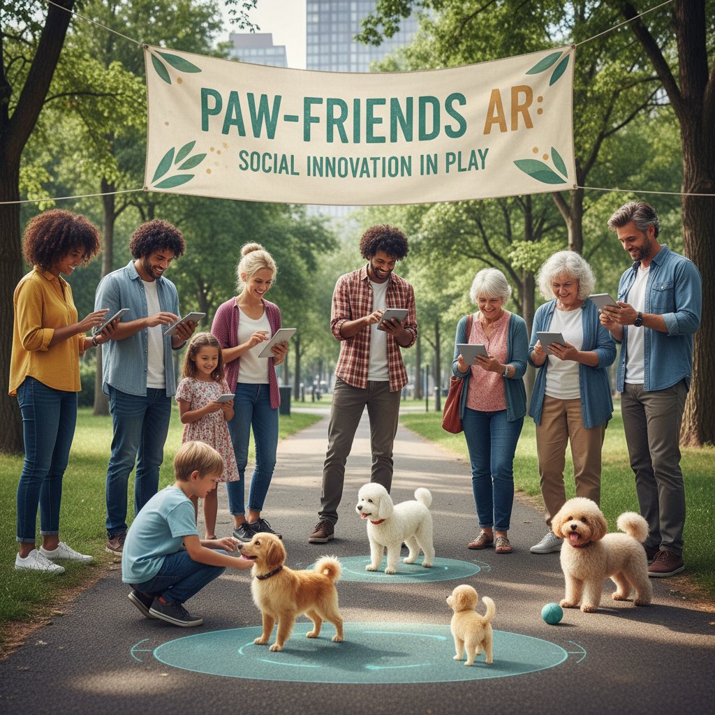 Grupa ludzi z różnych grup wiekowych korzystających z aplikacji z wirtualnym psem podczas spotkania w parku – przyszłość społecznych innowacji