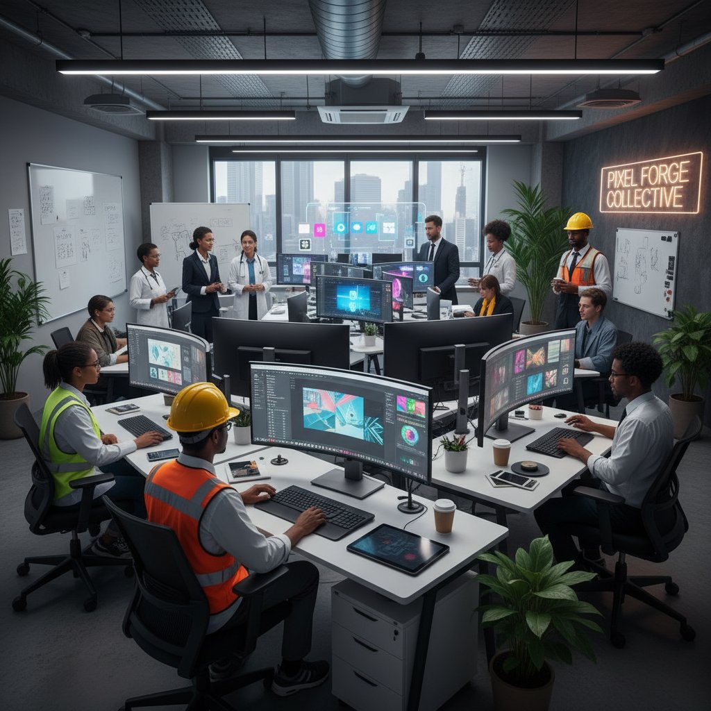 Grupa młodych ludzi różnych zawodów wspólnie pracuje nad grafiką online przy komputerze w nowoczesnym biurze