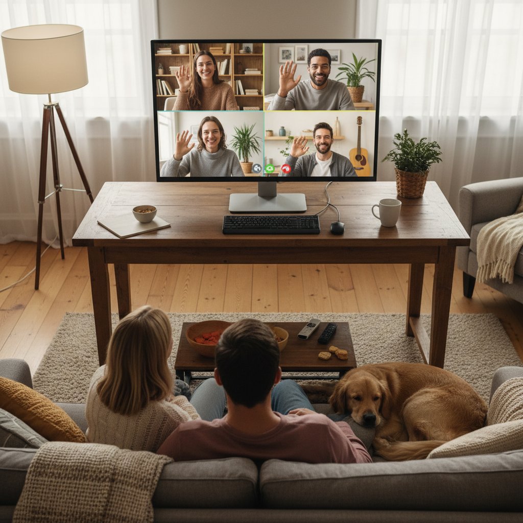 Grupa ludzi w różnym wieku uczestnicząca w wideorozmowie na komputerach, domowe otoczenie, psychoterapia online