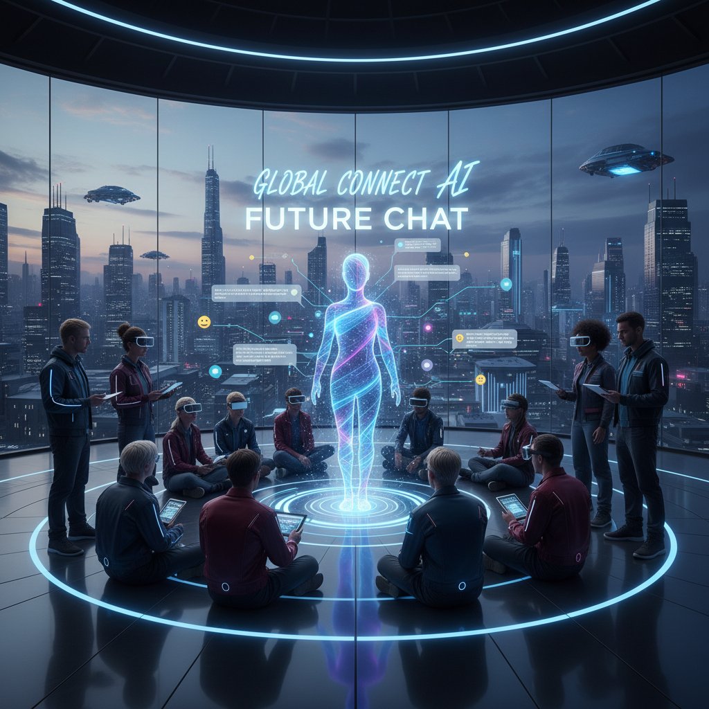 Grupa osób rozmawia z wirtualnym asystentem na dużym ekranie – przyszłość rozmów online