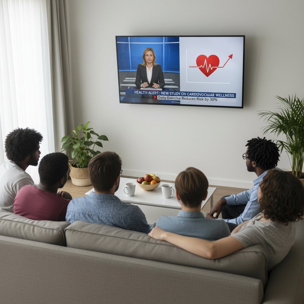 Grupa ludzi śledząca wiadomości zdrowotne w telewizji, reagująca emocjonalnie na nagłówki