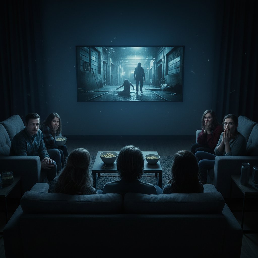 Group of people watching a thriller movie in a dark room, reflecting on society’s role in david fincher movies