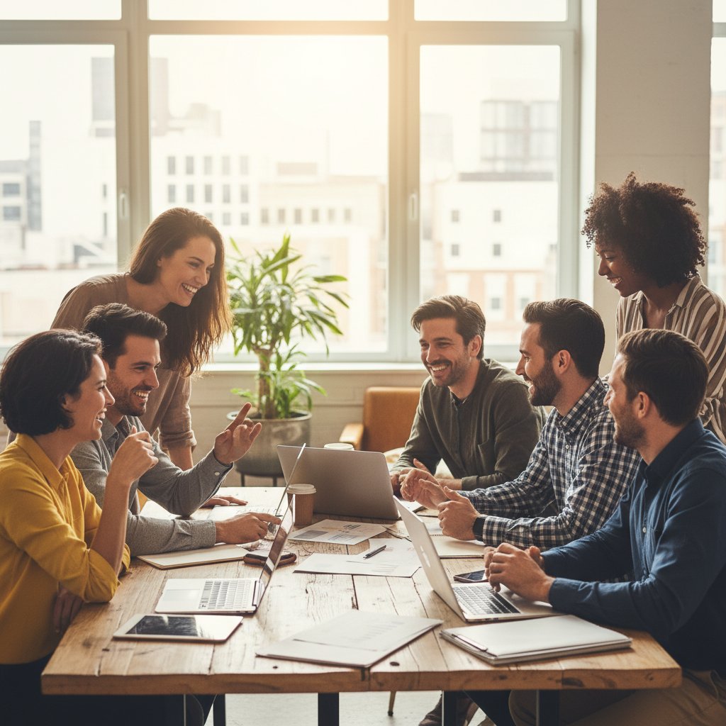 Grupa ludzi pracujących przy wspólnym stole, uśmiechnięci, symbolizujący różne relacje