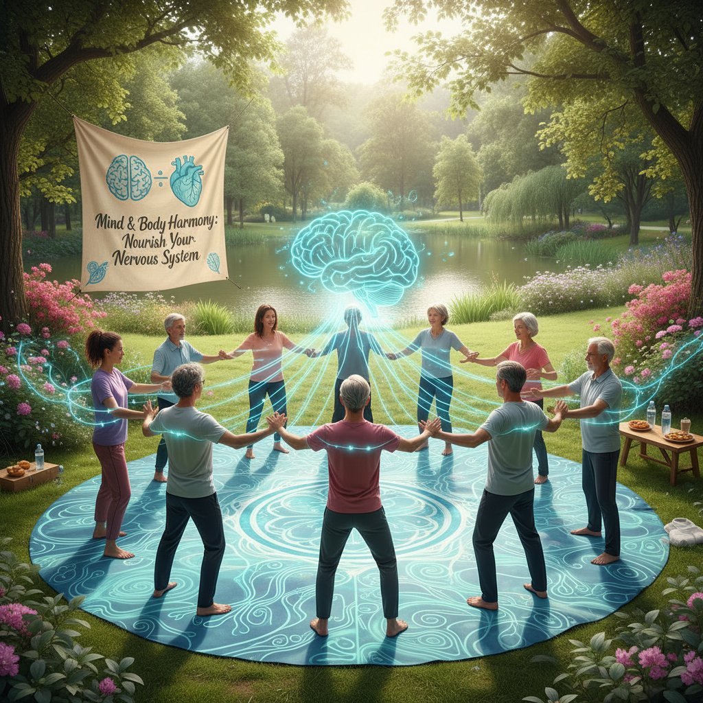 Zdjęcie grupy ludzi ćwiczących na świeżym powietrzu, symbolizujące ruch jako wsparcie dla układu nerwowego