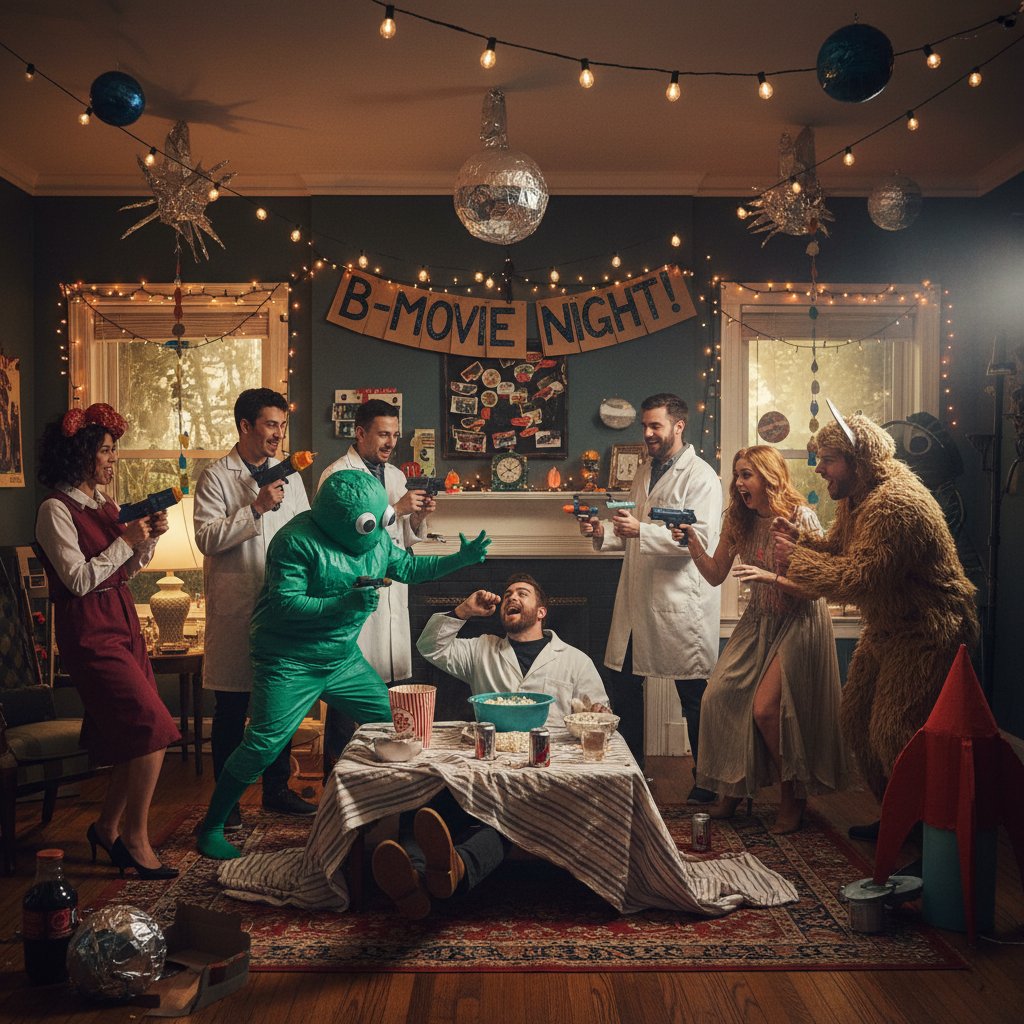 Friends in costume reenact b movie scenes at a themed party, playful and fun
