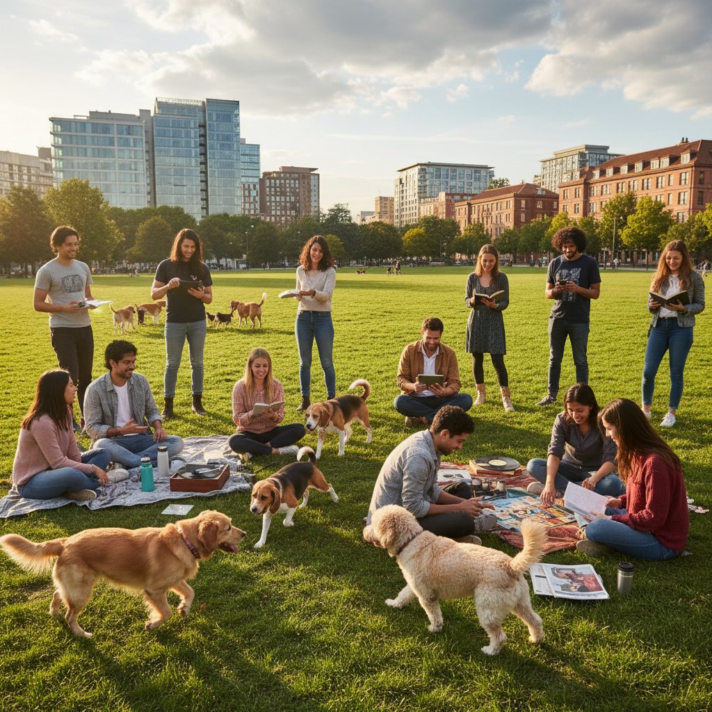 Grupa osób w parku, niektórzy z realnymi psami, inni z telefonami – cyfrowa i analogowa codzienność