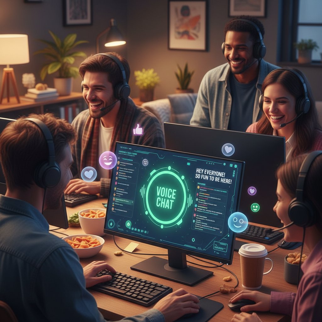 Grupa ludzi online, wspólnie rozmawiających tekstowo i głosowo, atmosfera przyjaźni, słowa kluczowe: nowe znajomości online