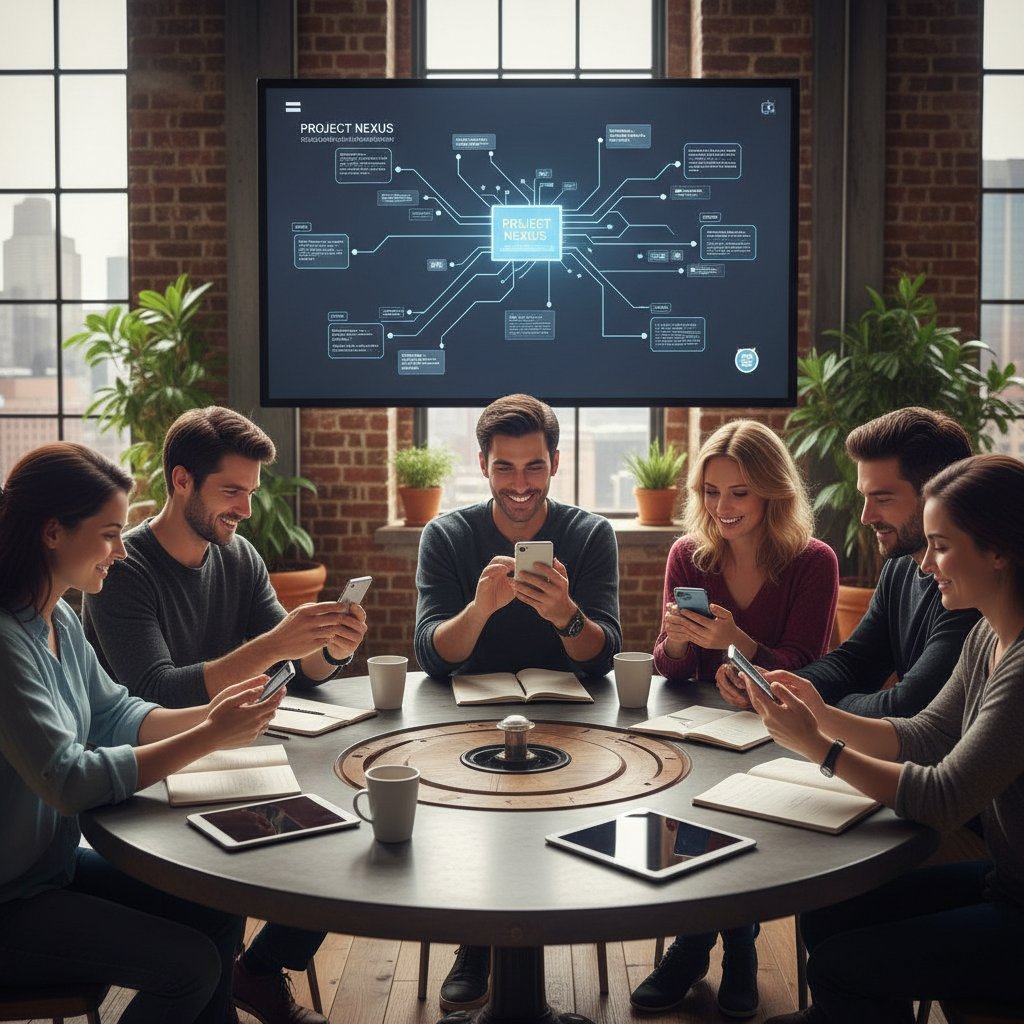 Zdjęcie kilku osób z telefonami, współpracujących nad projektem cyfrowym