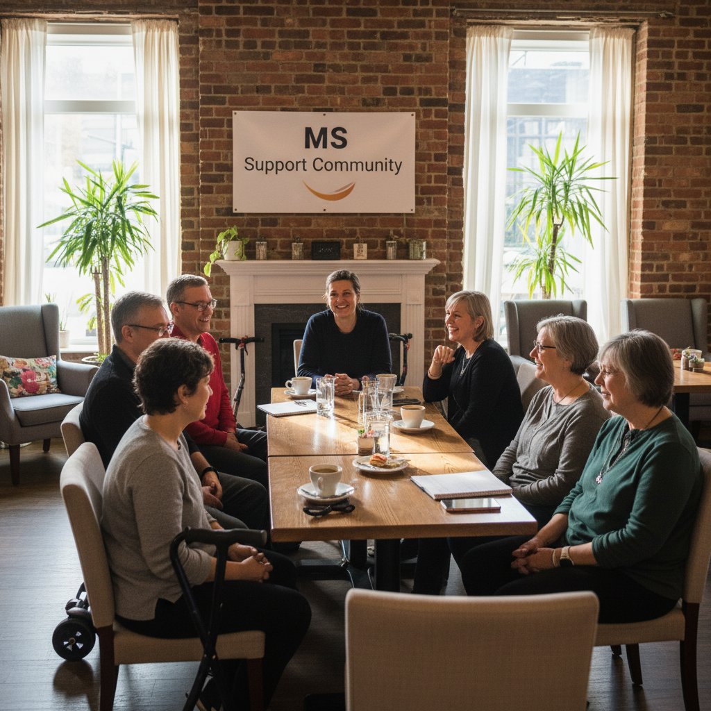 Grupa osób z SM siedzi razem w kawiarni, wspólna rozmowa pełna wsparcia i zrozumienia