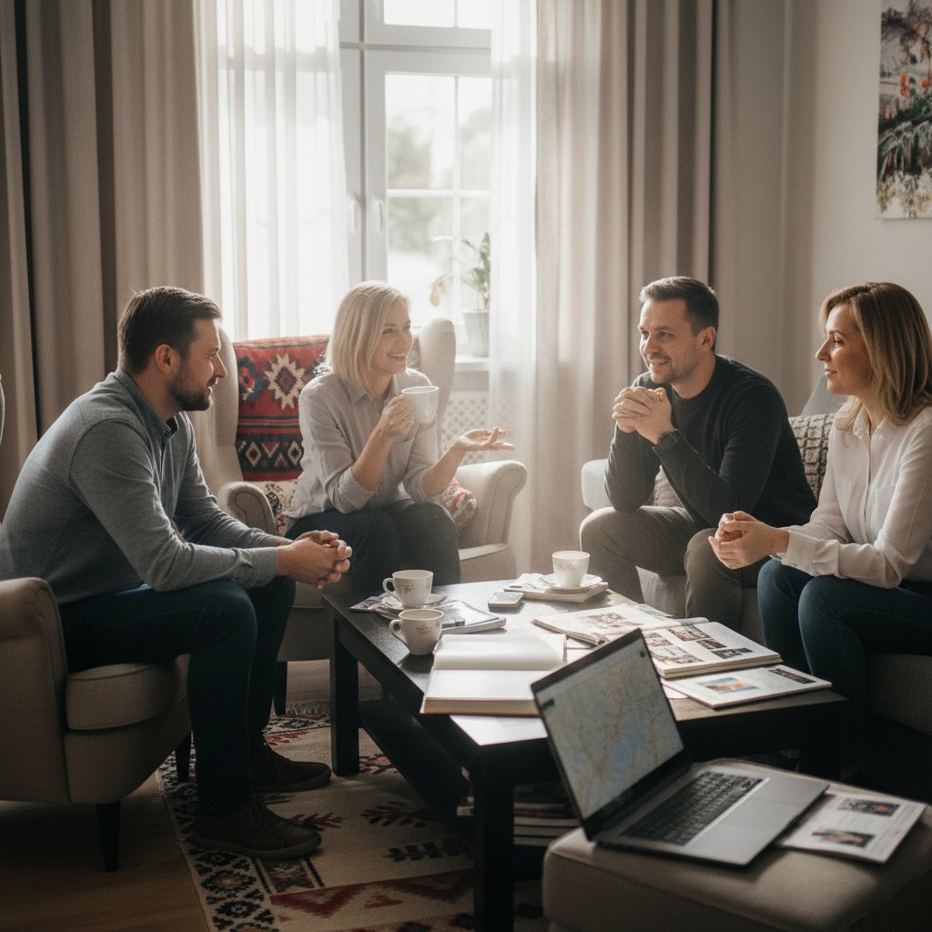 Grupa dorosłych Polaków dzielących się doświadczeniami z życiem z Addisonem w przytulnym salonie