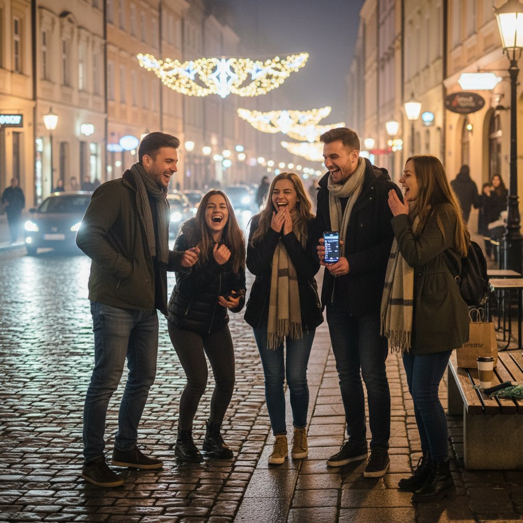 Grupa polskich przyjaciół śmieje się razem z telefonem w ręku, wieczorny miejski klimat