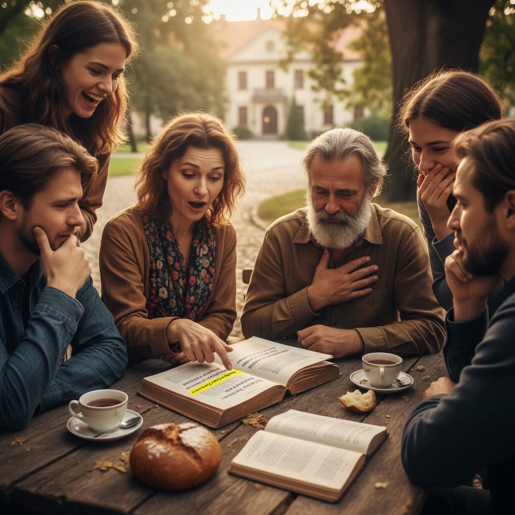 Grupa różnorodnych polskich czytelników różnie reagujących na fragment tekstu, ekspresyjne twarze, naturalne światło, stylistyka tekstu
