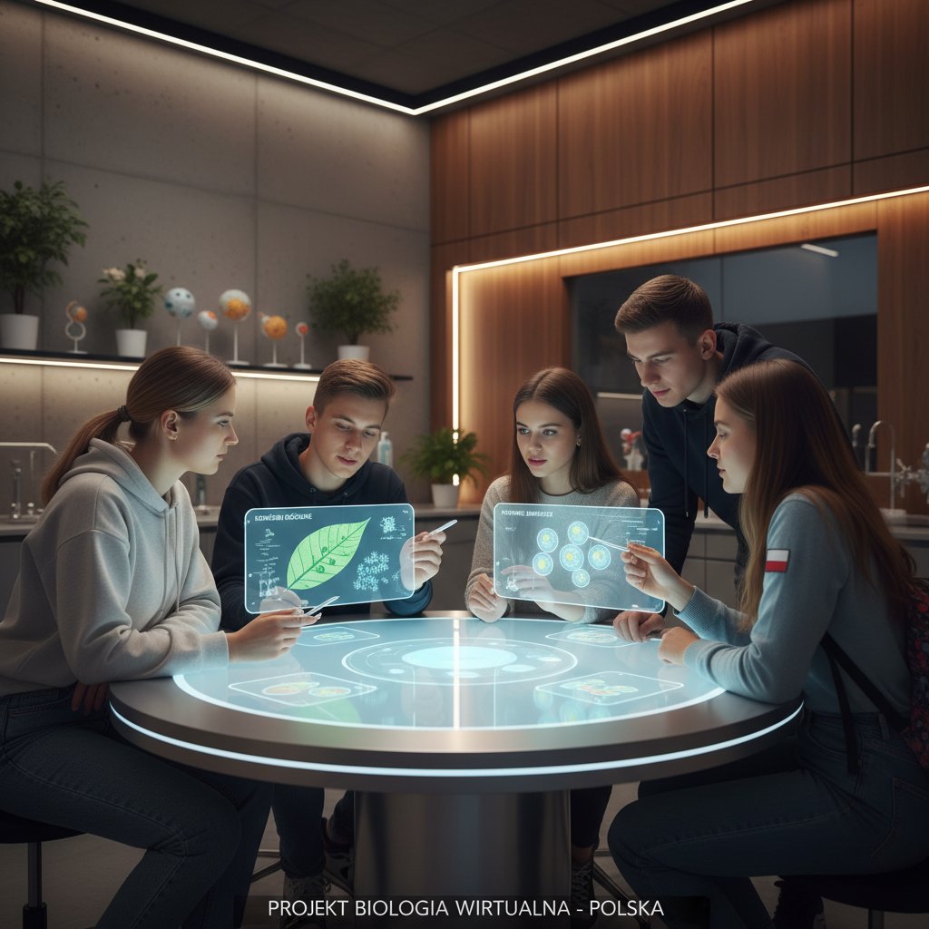 Grupa uczniów pracująca nad projektem biologicznym online