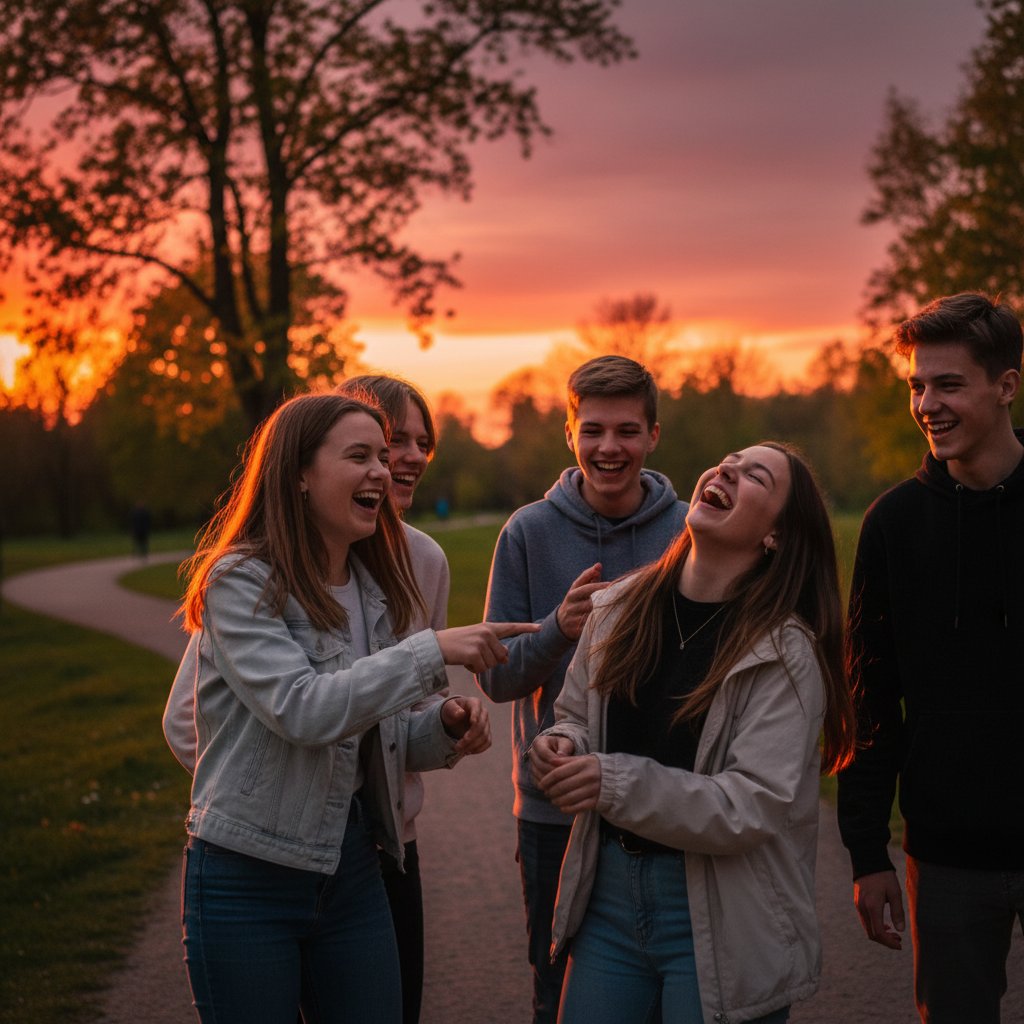 Grupa młodych ludzi śmieje się razem w parku o zachodzie słońca, pozytywne emocje, wsparcie rówieśnicze