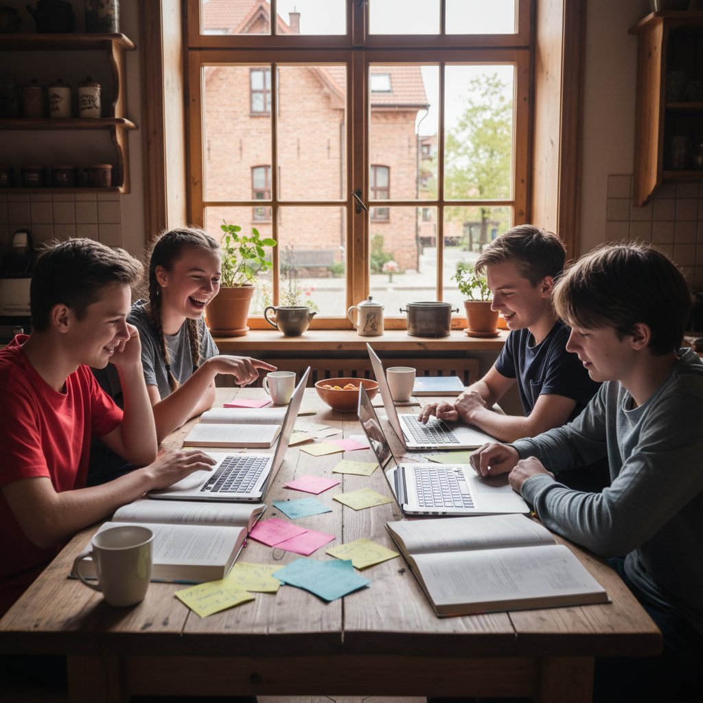 Grupa uczniów wspólnie przygotowuje się do matury – współpraca, fiszki, kolorowe notatki