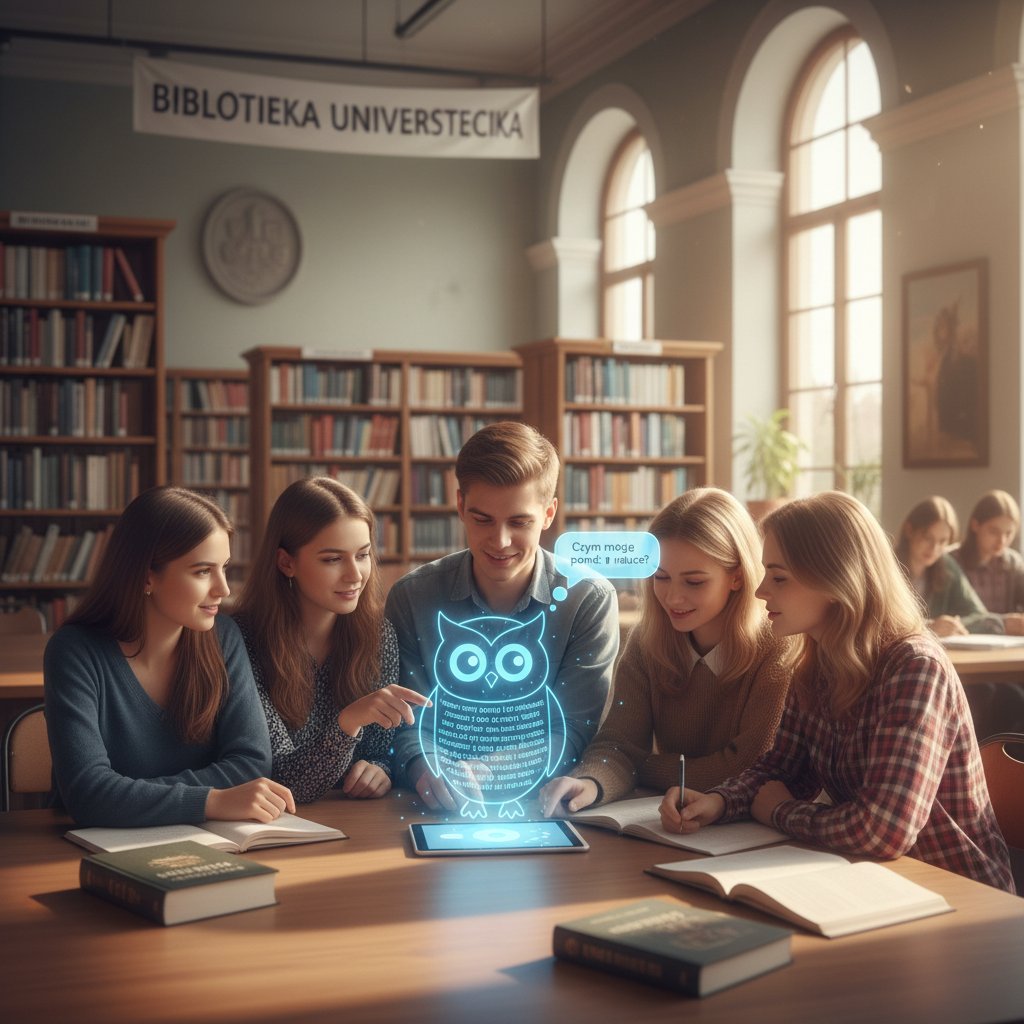 Grupa studentów korzystająca z chatbotów AI podczas nauki w bibliotece, laptop z wyświetloną konwersacją po polsku